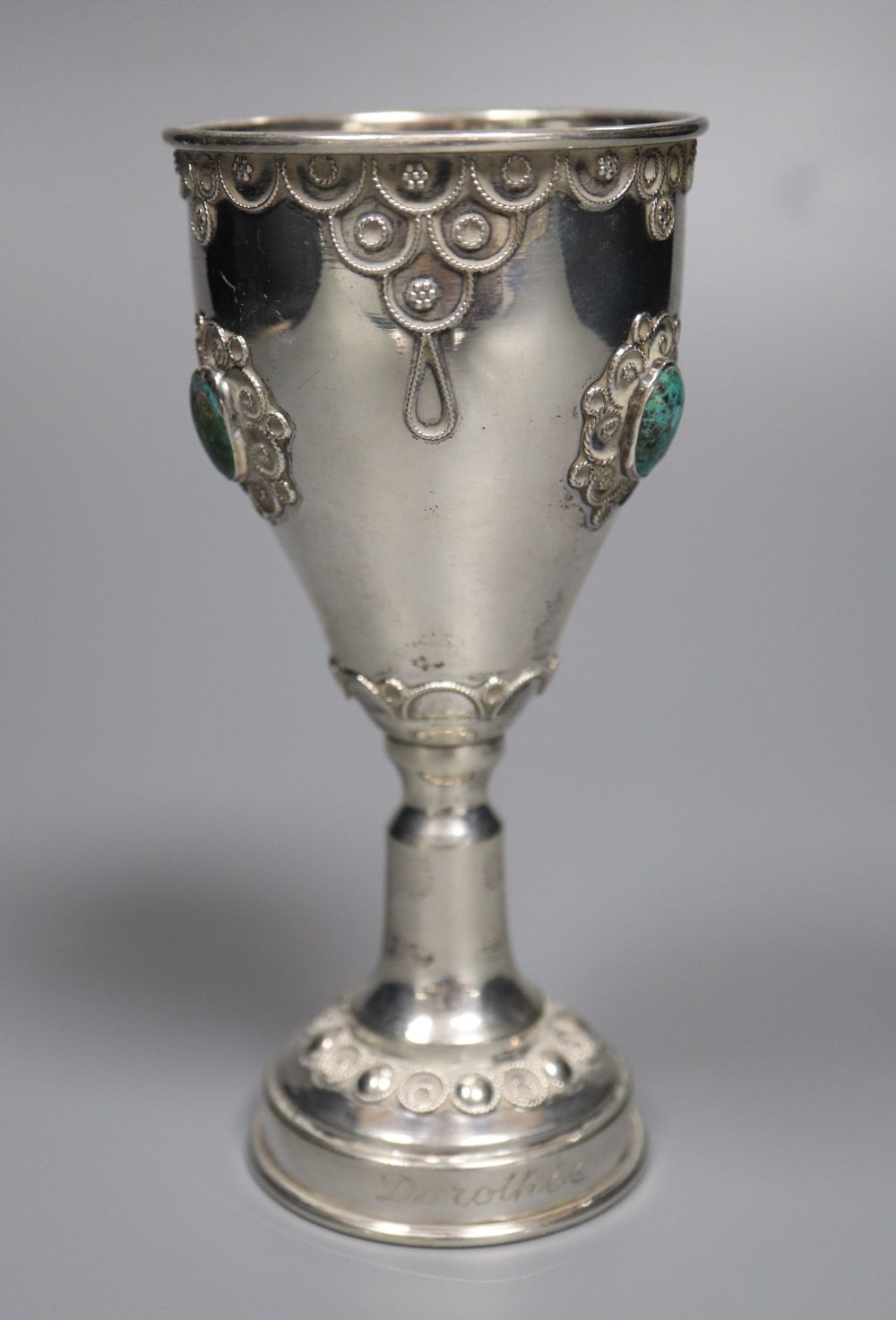 A 20th century Israeli 925 and cabochon set goblet, inscribed Dorothee, 13.4cm, gross 2 oz.